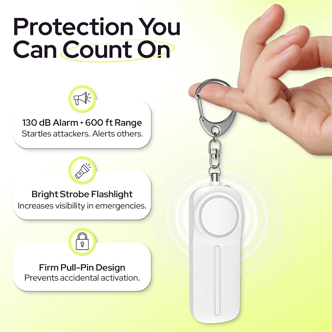 Weten Personal Safety Alarm Keychain - 130dB Siren, LED Light, Panic Pin – Compact Self-Defense Device and Emergency Whistle Alternative for Women, College, Travel, and Night Walk Protection (White) | LED Light, Panic Pin, Self-Defense Device, Emergenc...