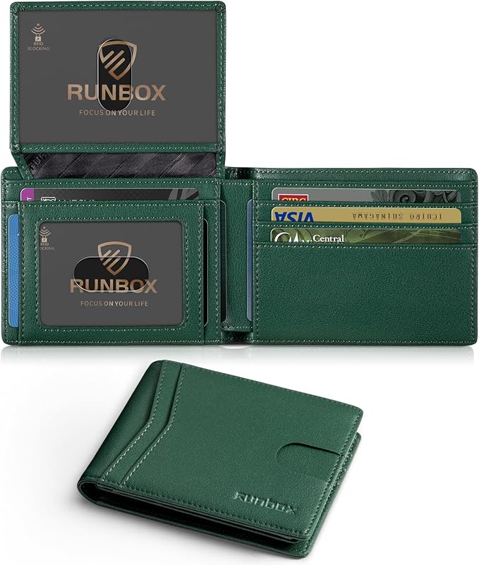 RUNBOX Wallet for Men -Slim Rfid Leather Mens Bifold Novelty Wallets 2 ID Window With Gift Box Men's Accessories | Minimalist Front Pocket Design, Holds 15 Cards, Large Capacity with Cash Pocket,Compact and Thin, Birthday Gifts for Men