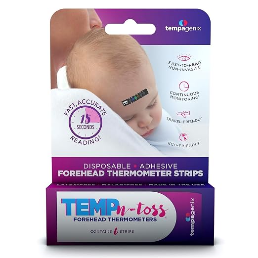 Temp-N-Toss Disposable Forehead Temperature Strips, Baby, Fast Reading, 6 | Single Use, Hygienic Design, Color Change Indicator, No Batteries Required, Lightweight, Travel Friendly, First Aid Kit