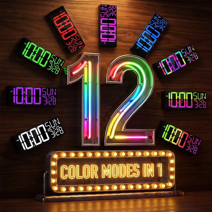 JALL 18" Large Digital Wall Clock with RGB Lights & Remote, Digital Clock with Bluetooth Sync & DST, Wall Clock with Temperature & Seconds Display, Clocks for Living Room, Seniors (Black)