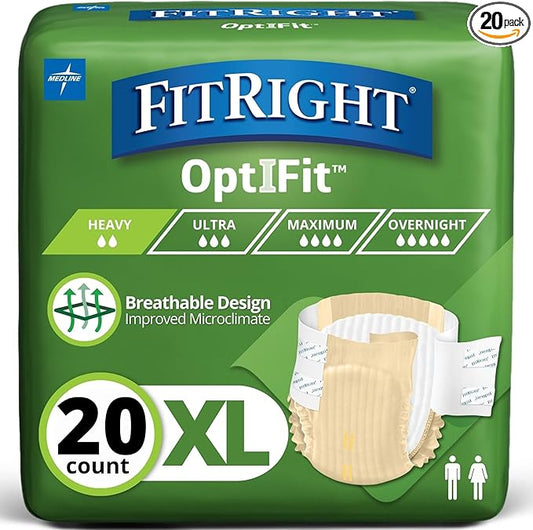 FitRight Adult Diapers, Extra Heavy Absorbency, XL (Waist Size 56in-64in), 20 Count, OptiFit Incontinence Briefs for Men and Women, Disposable, Moisture Wicking, Leak Protection,