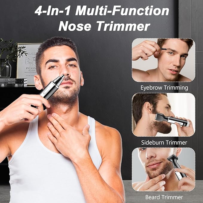 Ear and Nose Hair Trimmer for Men: 2026 New Rechargeable 4-in-1 Ear, Nose, Eyebrow & Beard Trimmers 8500 RPM, LED Indicator & Waterproof Dual Edge Blades (Black)