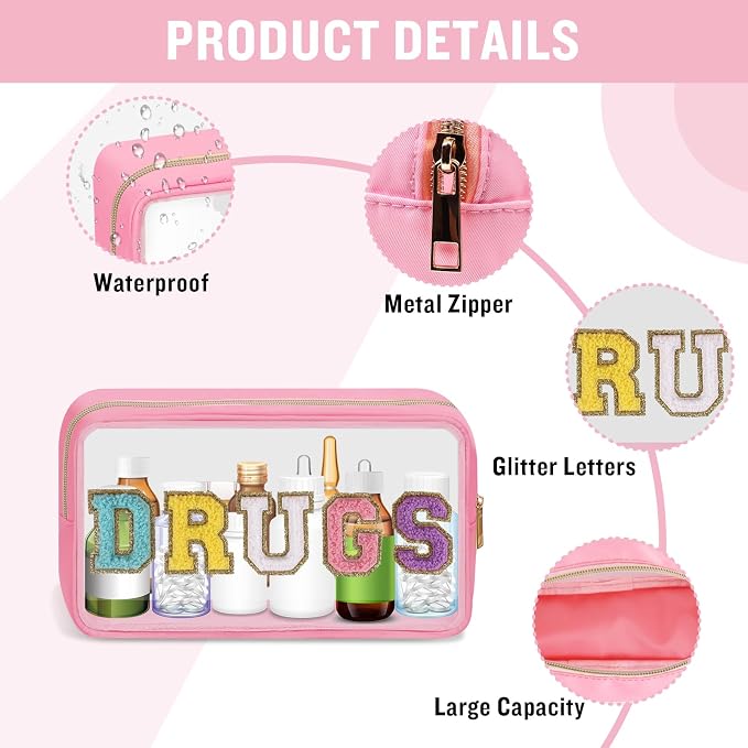 Clear Letter Patch Medicine Bag Drugs Pouch with Zipper, Travel Portable Cosmetic Makeup Bag for Women Girls, Waterproof Nylon PVC Toiletry Meds Storage Case Chenille Letter Stadium Bag(Pink, DRUGS)