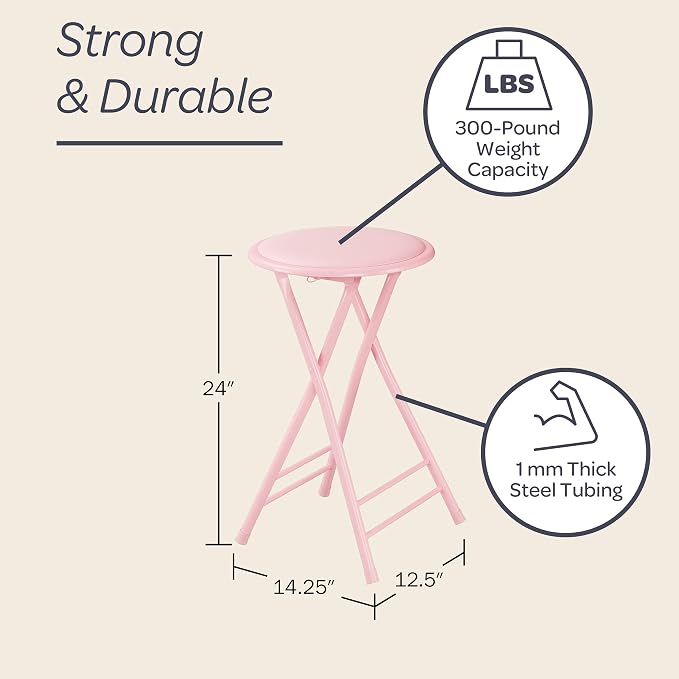Lavish Home Folding Stool with Padded Backless Seat, Pink, 24 Inch | Counter Height Bar Stools with 225lb Capacity, Portable Indoor & Outdoor, Extra Seat for Kitchen, Rec Room or Camping