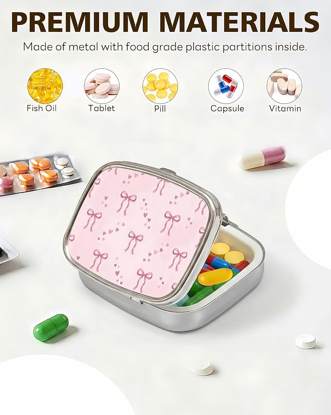 LRITER Pill Case, 2 Compartment Portable Small Travel Pill Organizer for Purse and Pocket, Stylish Medicine Case with Multiple Patterns, Daily Pillbox for Home & Travel (Bow)