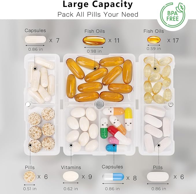 FYY Daily Pill Organizer, 7 Compartments Portable Pill Case Travel Pill Organizer,[Folding Design] Pill Box for Purse Pocket to Hold Vitamins,Cod Liver Oil,Supplements and Medication-Clear