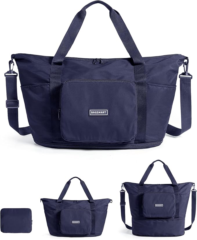 BAGSMART Foldable Travel Bag, 37L Expandable Personal Item Bag, Lightweight Weekender Bags for Women, Water Resistant Extra Carry on for Travel, Navy Blue