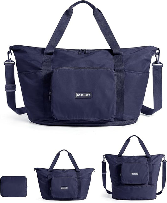 BAGSMART Foldable Travel Bag, 37L Expandable Personal Item Bag, Lightweight Weekender Bags for Women, Water Resistant Extra Carry on for Travel, Navy Blue