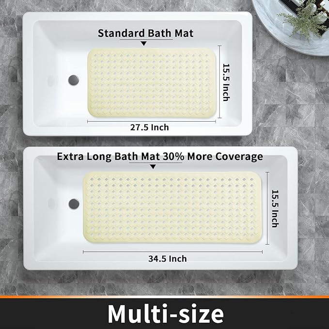 Yimobra Non Slip Bath Mat, Super Strong Suction Cups,34.5"x15.5"Long Tub Mat with Drain Holes, Machine Washable Fast Draining Shower Mats, Bathroom Essentials,Beige