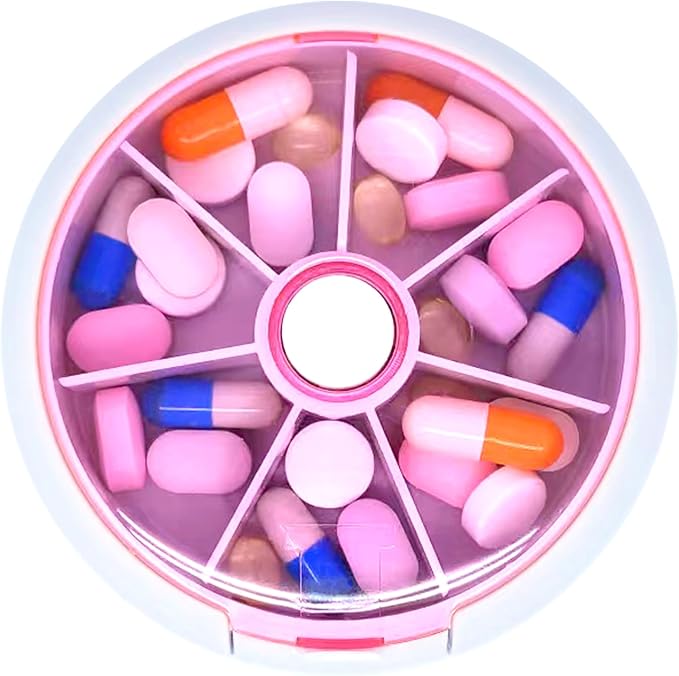 Pill Organizer Travel Pill Case for Purse Portable Pill Box Round Weekiy Pill Container for Vitamin Fish Oil Pills Supplements