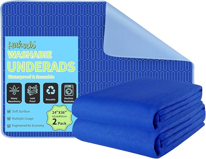Washable Incontinence Bed Pads 24"x36" (2 Pack) — Heavy Absorbency Leakproof Mattress Protector, Reusable Underpads for Adults, Seniors, Kids, Pets & Cribs
