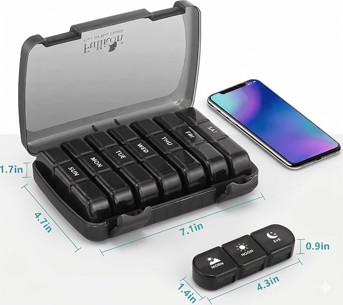 Pill Organizer 3 Times a Day, Fullicon Large Weekly Pill Case 7 Day, Daily Pill Box with 21 Compartments, Pill Dispenser Supplement Holder for Pills/Vitamin/Fish Oil - Black