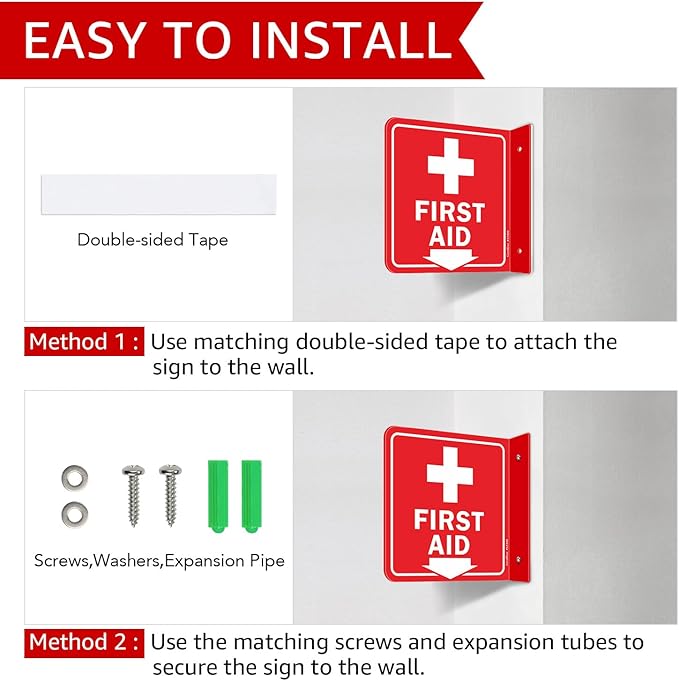 GicnKeuz First Aid Sign, 6" x 6" First Aid with Cross Symbol, Two-Sided Acrylic L-Sign for Business or Office or Wall Décor, Including Screws, Easy to Install (2 Pack)
