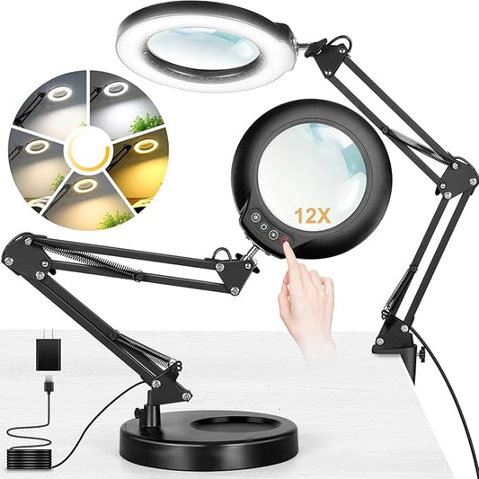 12X Magnifying Glass with Light and Stand (No Acrylic Lens), 2-in-1 Lighted Magnifier with Clamp, 5 Color Modes Dimmable LED Desk Lamp Hands Free for Painting Craft Sewing Hobby Close Work