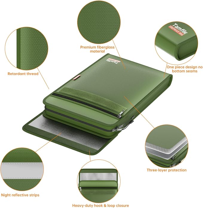 6400℉ Fireproof Document Bag, 15”x 11” Waterproof Document Organizer, Green | Fireproof Money Bag, 2 Pockets,Safe Important Document Organizer for A4 A5 Legal Letter Size, Valuables, Legal Documents