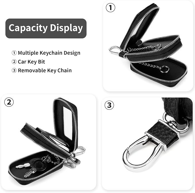 SENDEFN Car Key Fob Case Double Zipper Leather Smart Remote Keychain Protector Holder with Transparent Window