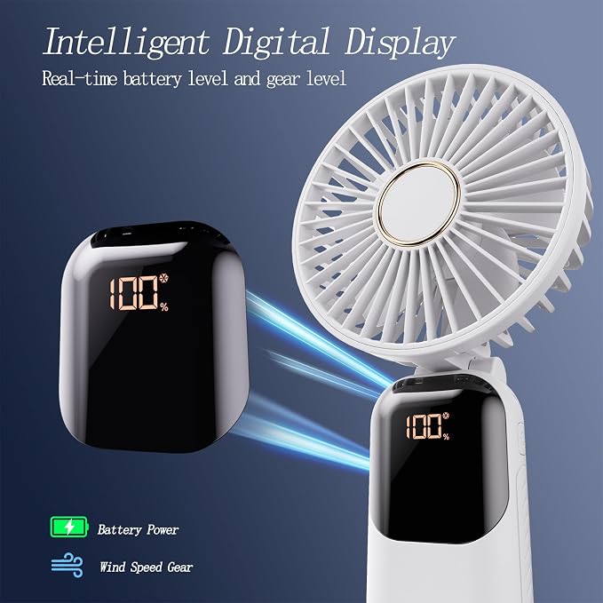 GOCKERA Portable Fan, 4200mAh Battery Operated Fan, 5 Speeds&Digital Display, Makeup Fans for Women with Base, 180°Foldable 3in1 Handheld/Neck/Desk Fan for Outdoor Indoor,Ultra Quiet (White)