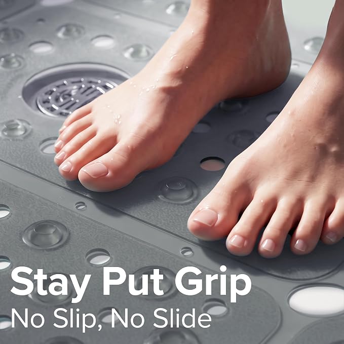 SlipX Solutions 27" Oversize Square Shower Mat, Non-Slip Mat for Elderly & Kids, 100+ Power Grip Suction Cups for Smooth Surfaces, Machine Washable, Translucent Gray