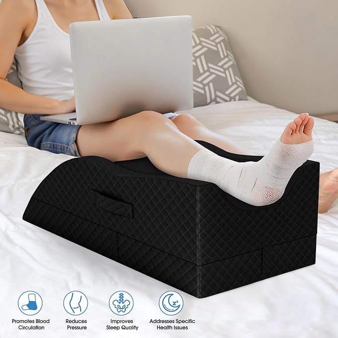 TranquilRelax Leg Pillow, Leg Elevation Pillow with Pad and Memory Foam, Height Adjustable Bolster Pillow for Legs, Leg Pillow Elevation Blood Circulation, for Post-Surgery, Full Black