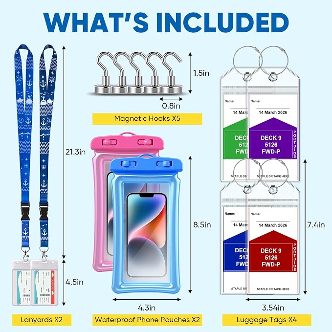 Cruise Essentials 2026,Cruise Must Haves Kit,Magnetic Hooks,Lanyards,Luggage Tags,Waterproof Phone Pouches,Travel Essentials