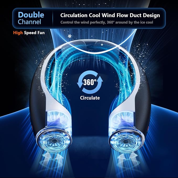 Rohent 2-Pack Hands-Free Neck Fan - 4000mAh USB-C Rechargeable with Turbo Cooling Ultra-Quiet 4 Speeds 360° Airflow for Travel Outdoors (Black) | Turbo Cooling, Long Battery Life, 4 Speeds, Keeps Cool 360° Airflow for Working Outdoors (Black)
