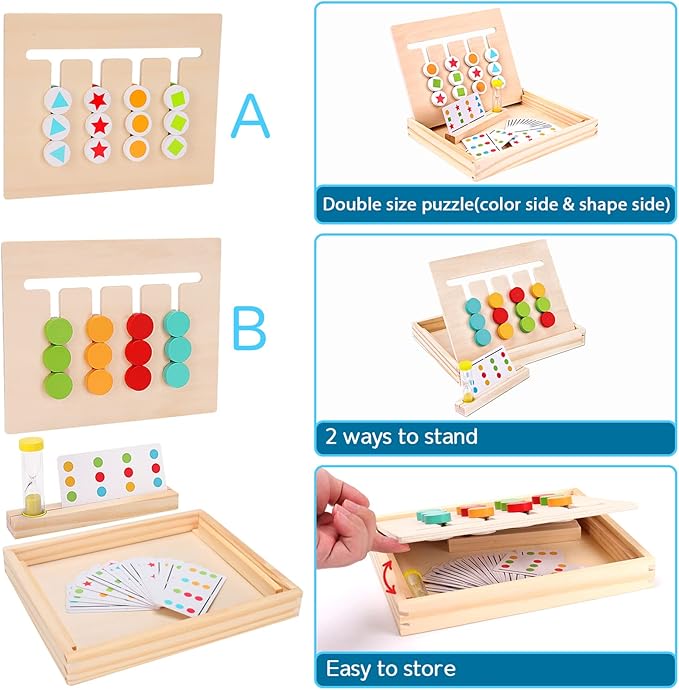 Montessori Learning Toys Slide Puzzle Color & Shape Matching Brain Teasers Logic Game Preschool Educational Wooden Toys for Kids Boys Girls Age 3 4 5 6 7 Years Old Airplane Travel Toy Birthday Gifts