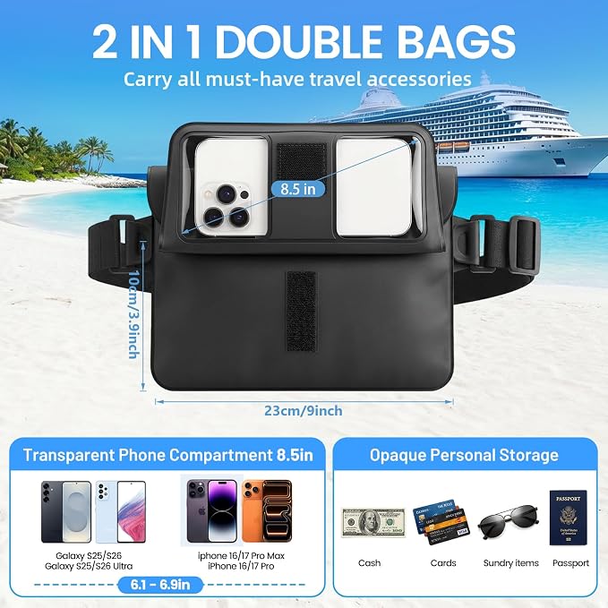 Niveaya Double Space Waterproof Fanny Pack, IPX8 Waterproof Dry Bag Waist Pouch for Beach, Kayaking, Swimming, Boat Travel Essentials, Waterproof Phone Bag & Passport Holder for Women Men(2 Pack)