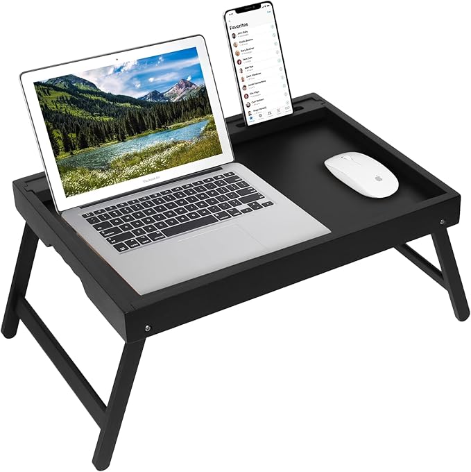 Artmeer X-Large Bamboo Bed Tray with Device Slot and Folding Legs, Black | X-large FSC-certified bamboo bed tray with device slot, folding legs and extra space for meals, laptops and reading in bed.