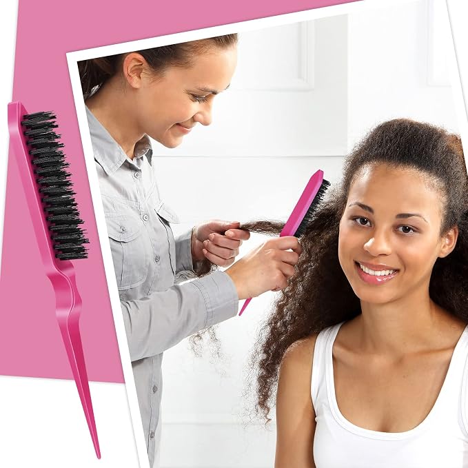 Geiserailie 3 Pcs Slick Back Hair Brush Set Bristle Brush Edge Control Teasing Comb for Women Black Hair(Rose Red)