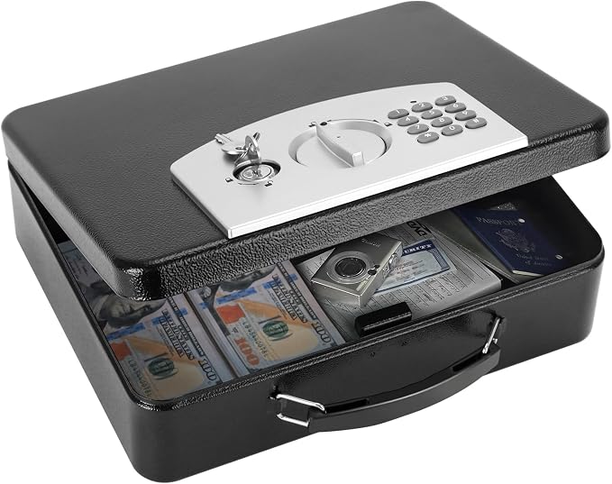 KYODOLED Safe Box with Digital Keypad Lock, Lock Box with Code for Personal Items, Metal Security Box for Cash, Passport, Jewelry, Ideal for Home, Office, Garage Sale, 11.8'' x 9.4'' x 3.5'', Black