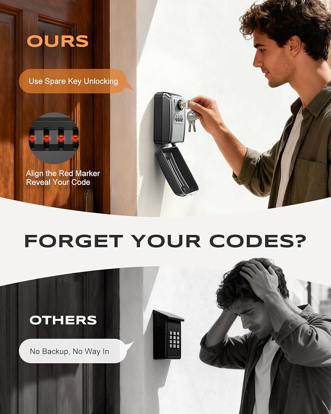 Wall-Mounted Lock Box for Keys with Code, Large Capacity 4 Digits Combination Key Lock Box with Resettable Spare Key, Weatherproof Key Safe Storage Lockbox for Home, Apartment, Office, Gray