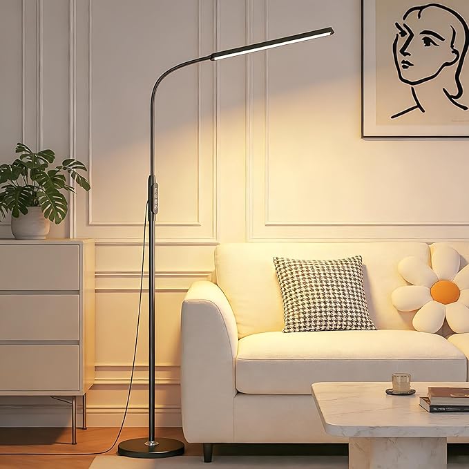 Bright LED Eye-Protecting Reading Floor Lamps Touch and Remote Dimming 3000-6000k, Tattoo Craft Drawing Makeup Adjustable Gooseneck Standing Light,Living Room Chair Sofa Bedroom Office
