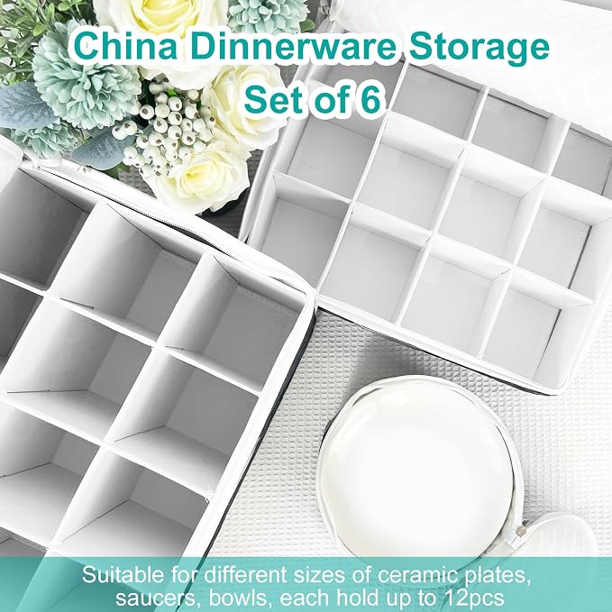 China Dinnerware Storage Containers Set- Dish,Mug,Stemware Storage Cases - Quilted Box Bins Stackable with Divider,handles,Clear Window for Cups,Plates,Wine Glasses Moving Set of 6 (Black)