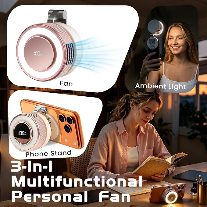 Portable Clip-On Fan, Mini USB Rechargeable 360° Rotatable Fan, Personal Fan 3-Speed Silent Mini Bladeless Fans (Pink-2000mAh)