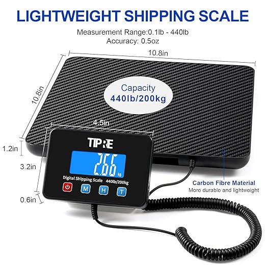 TIPRE Shipping Scale 440lbs for Packages,Lightweight Carbon Fibre Heavy Duty Digital Postal Scale,0.5 oz High Accuracy Commercial Scale with Charging Cable & Batteries for Small Business,Warehouse