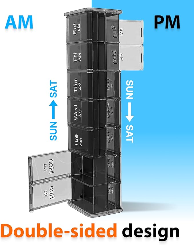 Extra Large Pill Organizer - XXL Vitamin Holder for Weekly Supplements - Double Sided Pill Box 7 Day with Big AM PM Compartments Huge Daily Medicine Dispenser 2 Times a Day Reliable and Easy-to-Use