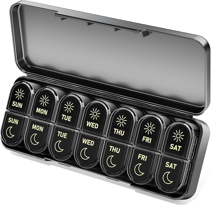 Betife AM PM Pill Organizer 7 Day, Weekly Pill Organizer 2 Times a Day, Daily Pill Box AM PM, Portable Travel Medicine Case, Day and Night Pill Container for Medication, Vitamin or Supplement