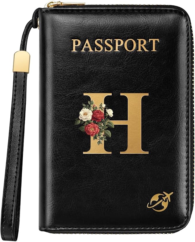 Passport Holder for Travel Personalized Wallet with Wristlet Women | Passport Cover, RFID Blocking, Passport Book Holders, Back Coin Pocket, Zipper Closure, Roses Initial Letter, Black H