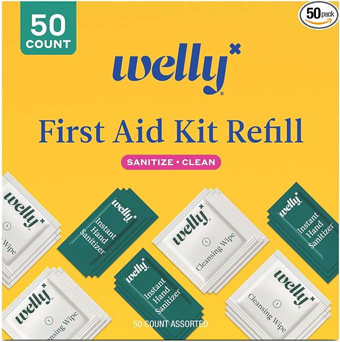 Welly First Aid Kit Refill Clean Carton | Individually Wrapped Hand Sanitizer and Cleansing Wipes | 50ct