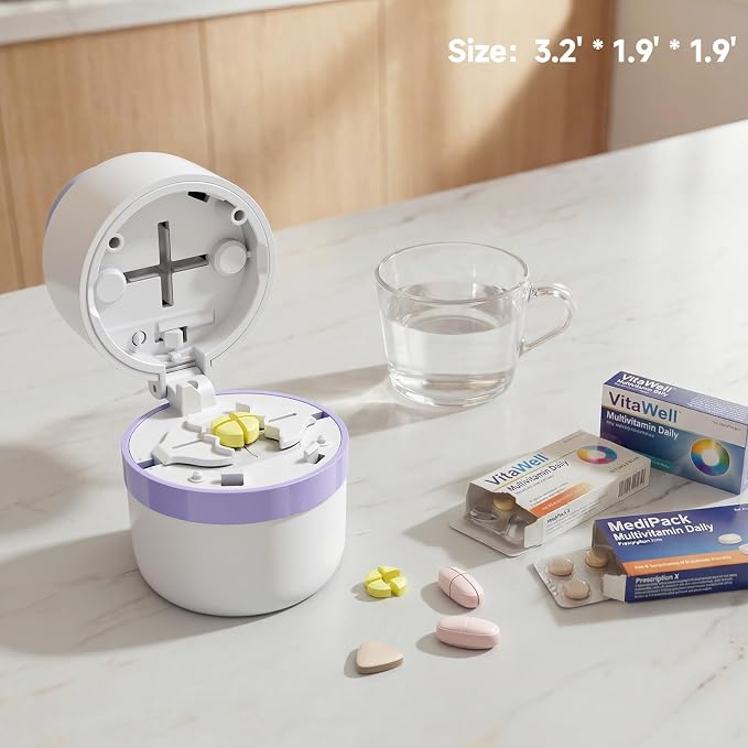 Pill Cutter 1/4 – Adjustable Cutter for Tiny to Large Tablets, Dual Blade Design for Accurate Quarter Cutting, Built-in Box, Senior-Friendly, Travel Use