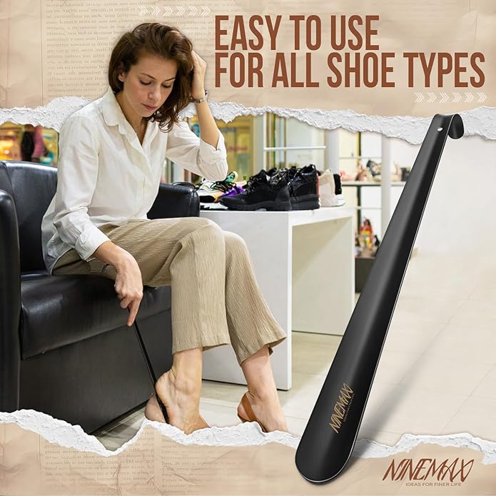 NINEMAX Shoe Horn Long Handle Metal 16.5" for Boot, Long Shoe Horns for Seniors for Men, Women