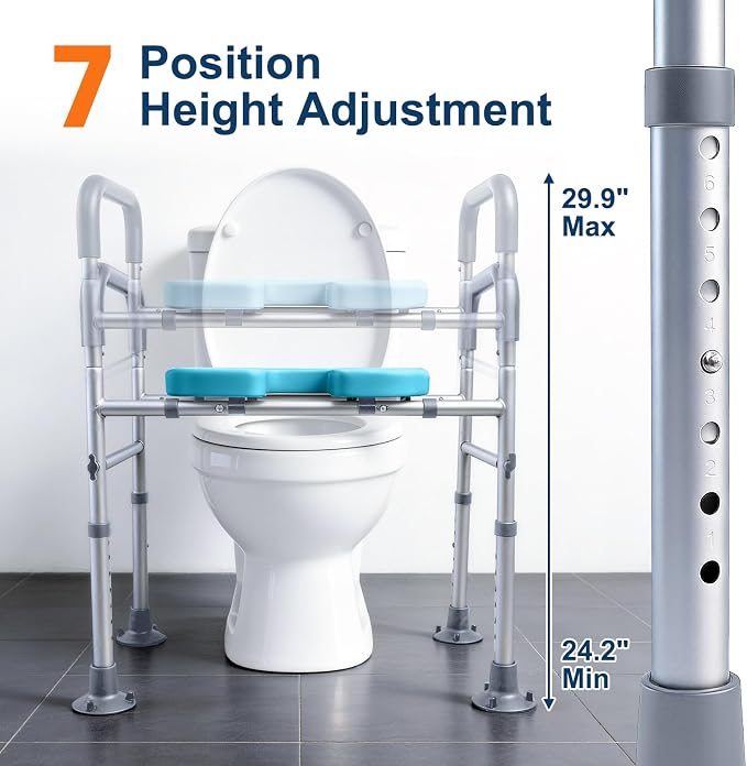 Adjustable Raised Toilet Seat with Handles for Seniors, Grey | 400lbs Capacity Elongated Toilet Seat Riser, Elevated Toilet Seat with Soft Cushion & Removable Armrests