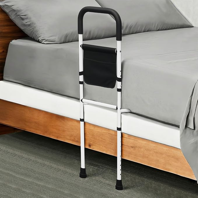 Bed Rails for Elderly Adults with Floor Support, Adjustable Bed Cane with Storage Pocket and Extension Legs for Seniors Hold up to 300 Lbs, Grab Bar Handle Fits King Twin Full Size Bed