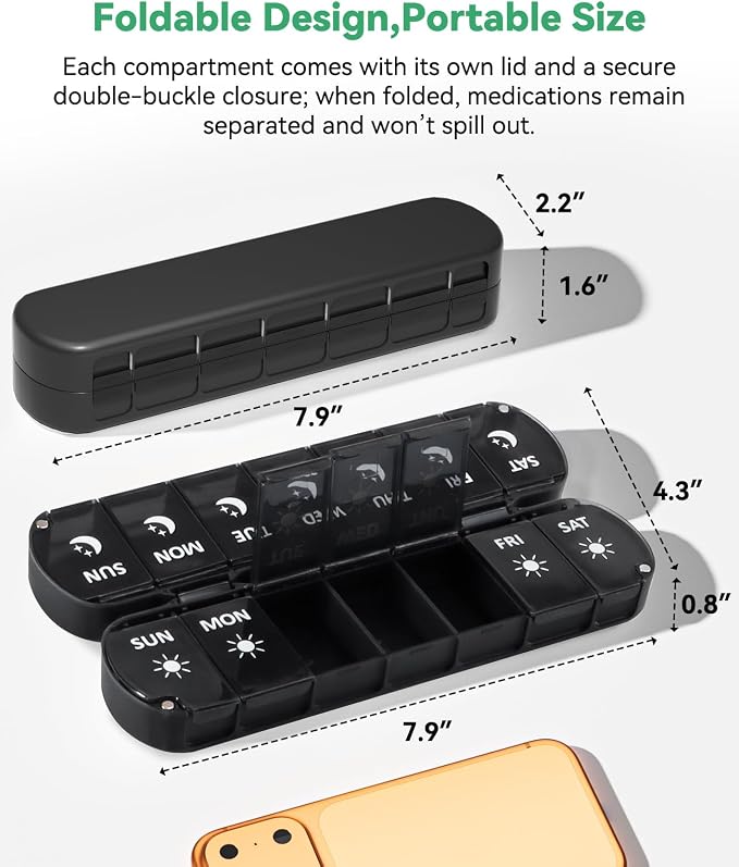 Foldable Pill Organizer 2 Times a Day, Magnetic Travel Pill Box AM PM, 7 Day Moisture-Proof Medicine Case for Vitamins, Supplements and Fish Oils, Portable Medication Planner for Purse, Bag & Pocket