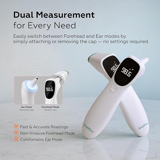 Ear & Forehead Thermometer, FDA Cleared, for Babies & Adults | Ear & Forehead Dual Mode, 1-Second Reading, +/-0.4F Accuracy, 32-Reading Memory, C/F Switch, Auto-Off, Batteries Included