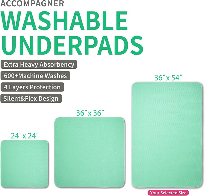 Accompagner Incontinence Bed Pads Washable Waterproof, Ultra-Absorbent Reusable Underpads for Diaper Changing, Nursing, Bedridden, Adults, Seniors, Kids and Dogs (Green, 36"x54"(Pack of 2))