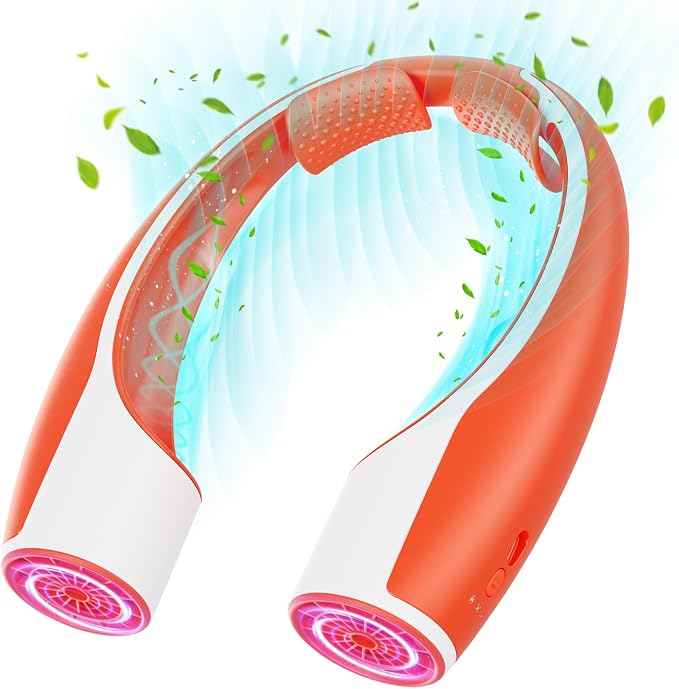 Rohent Personal Neck Fan for Outdoor: Powerful High Speed Personal Fan 360° Cooling - 4000mAh Battery Operated Rechargeable Neck Fan for Travel Camping - Orange | 360° Cooling 4000mAh Battery Operated Rechargeable Neck Fan for Travel Camping