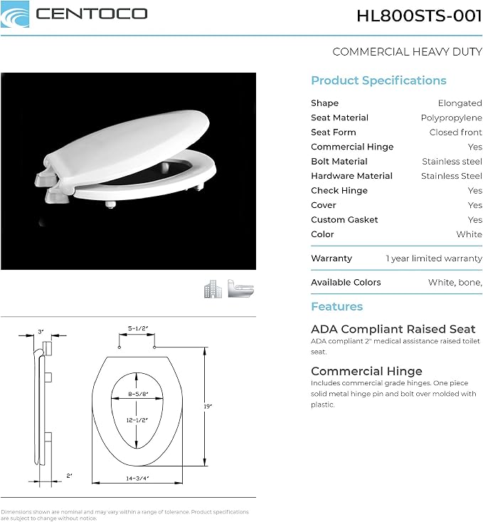 Centoco 4 Pack - 2 inch Raised Toilet Seat for Seniors, Elongated, Closed Front with Cover, Plastic, Made in the USA, HL800STS-001, White | Plastic, HL800STS-001