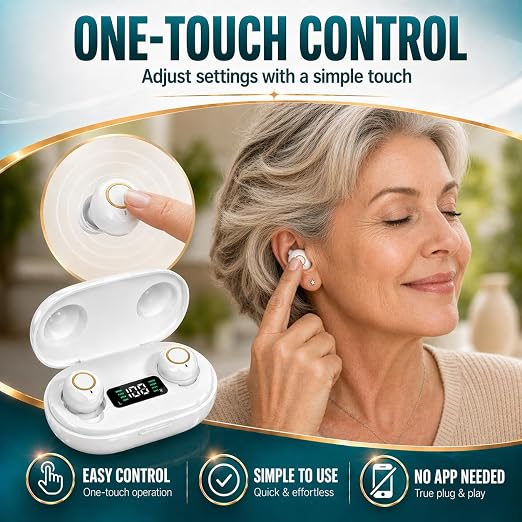 Hearing Amplifier Rechargeable for Seniors Adults - Personal Sound Amplifier Device with Charging Case, Noise Reduction for TV Watching Conversations, Easy Volume Control, Comfortable In-Ear PSAP (White)