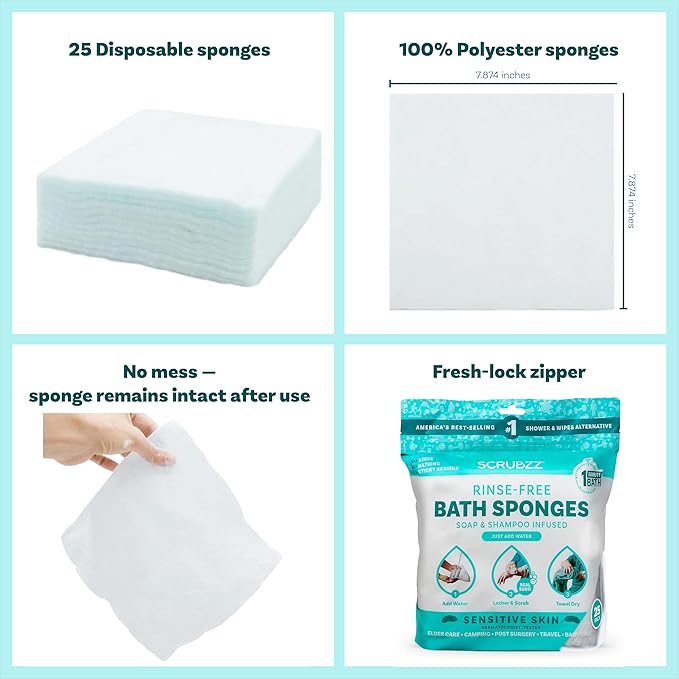 Scrubzz Disposable No Rinse Bathing Wipes for Sensitive Skin - All-in-1 Single Use Shower Wipes, Simply Dampen, Lather, and Dry Without Shampoo or Rinsing (Sensitive Skin, 3-Pack)